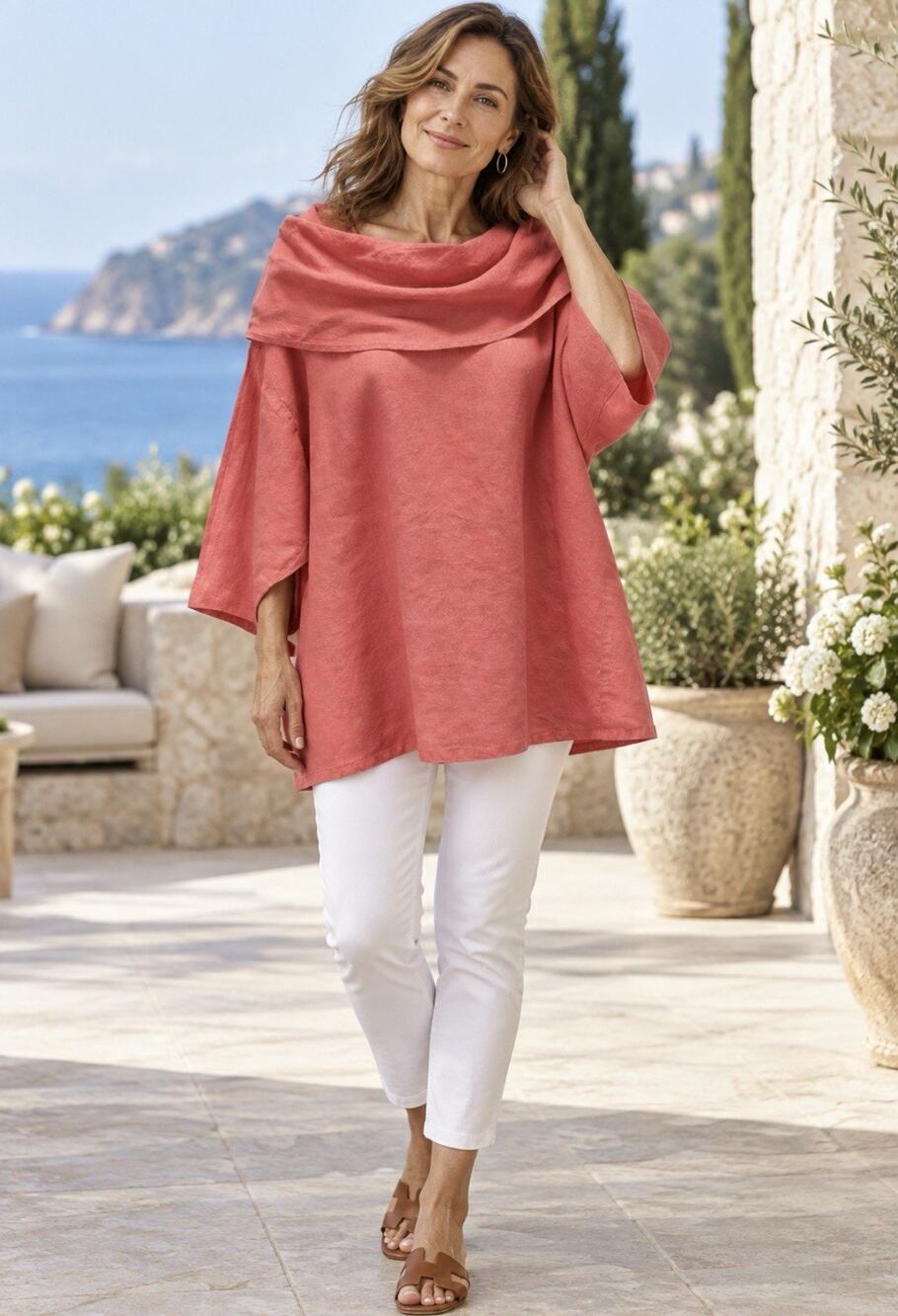 La Fixsun Women M Coral 100% Linen Cowl Neck Lagenlook Tunic Top Made USA